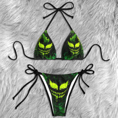 Green Scary Face Micro Triangle Bikini Swimsuit - Wonder Skull