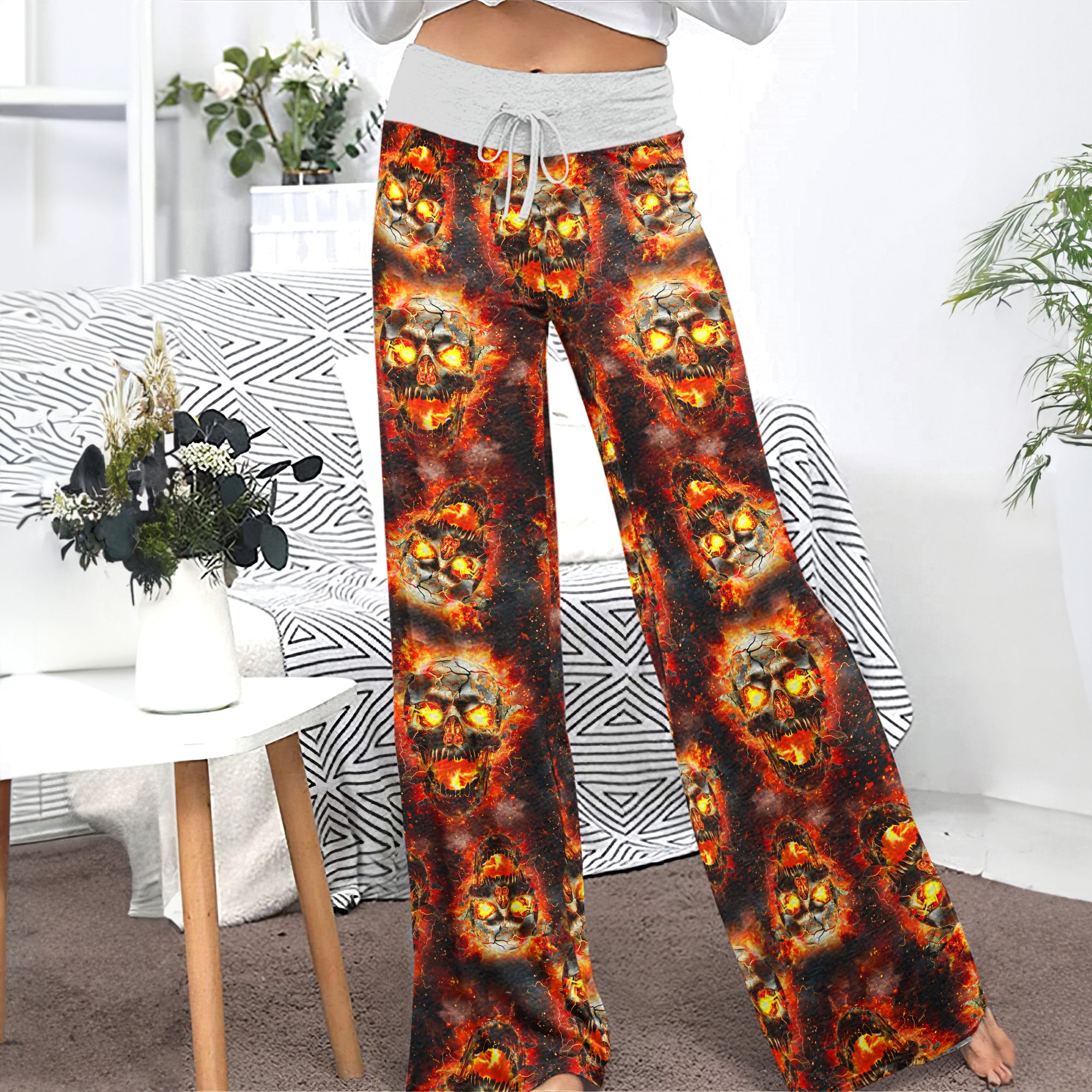 Hellfire Scorch Skulls Pattern Women's High-waisted Wide Leg Pants