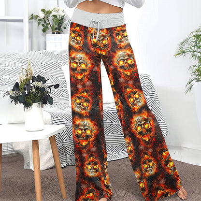 Hellfire Scorch Skulls Pattern Women's High-waisted Wide Leg Pants