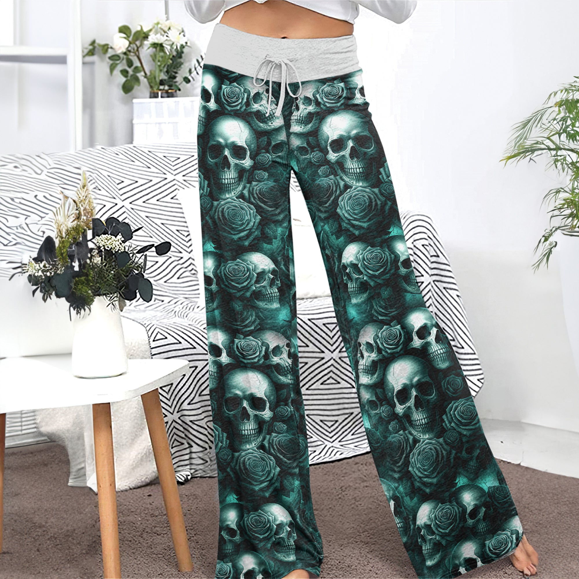 Dark Skull Rose Pattern Women's High-waisted Wide Leg Pants
