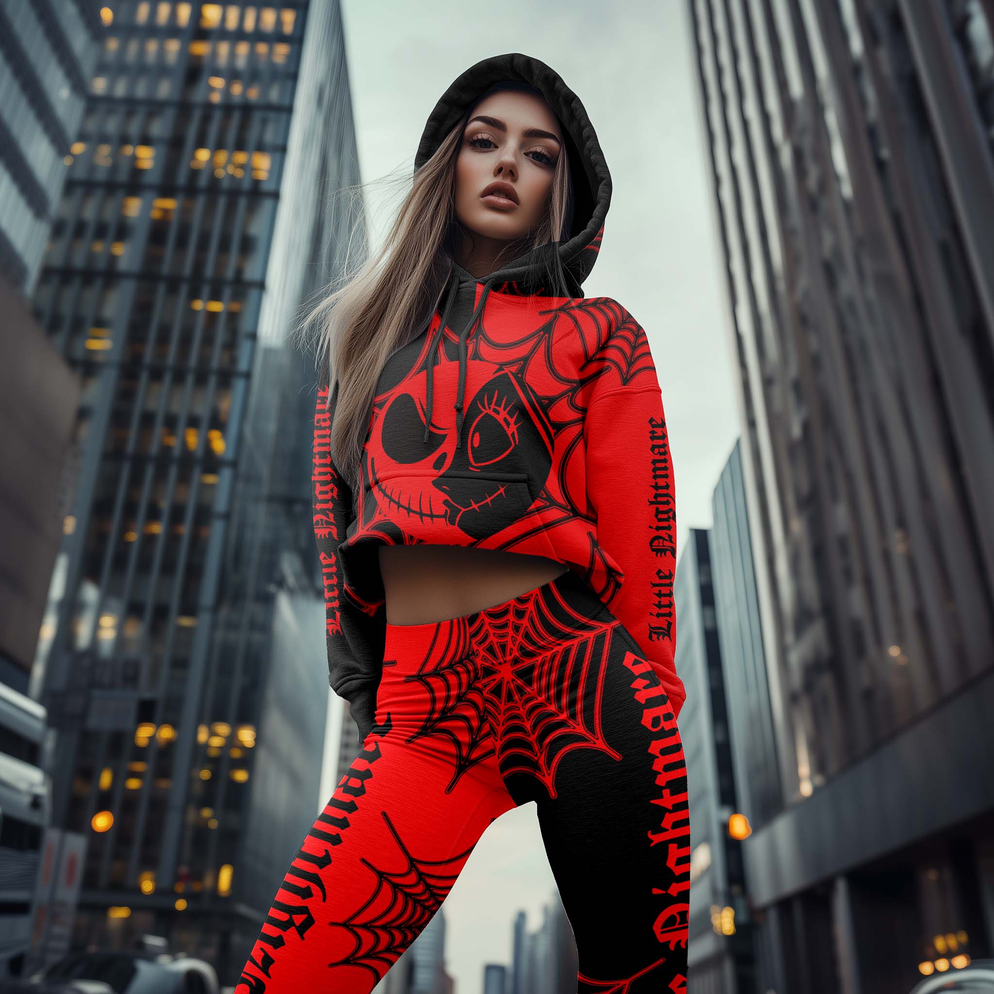 Women Hoodie and Leggings, Gothic Couples Spiderweb Art Outwear Pants Outfit