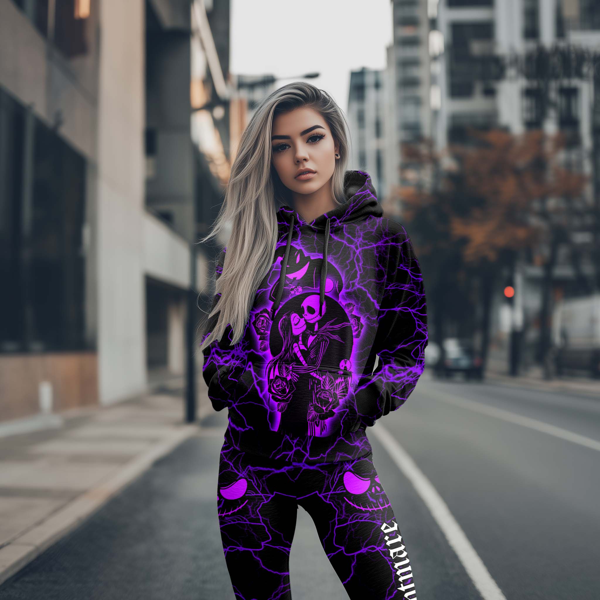 Women Hoodie and Leggings, Purple Couple Night Art Outwear Pants Outfit