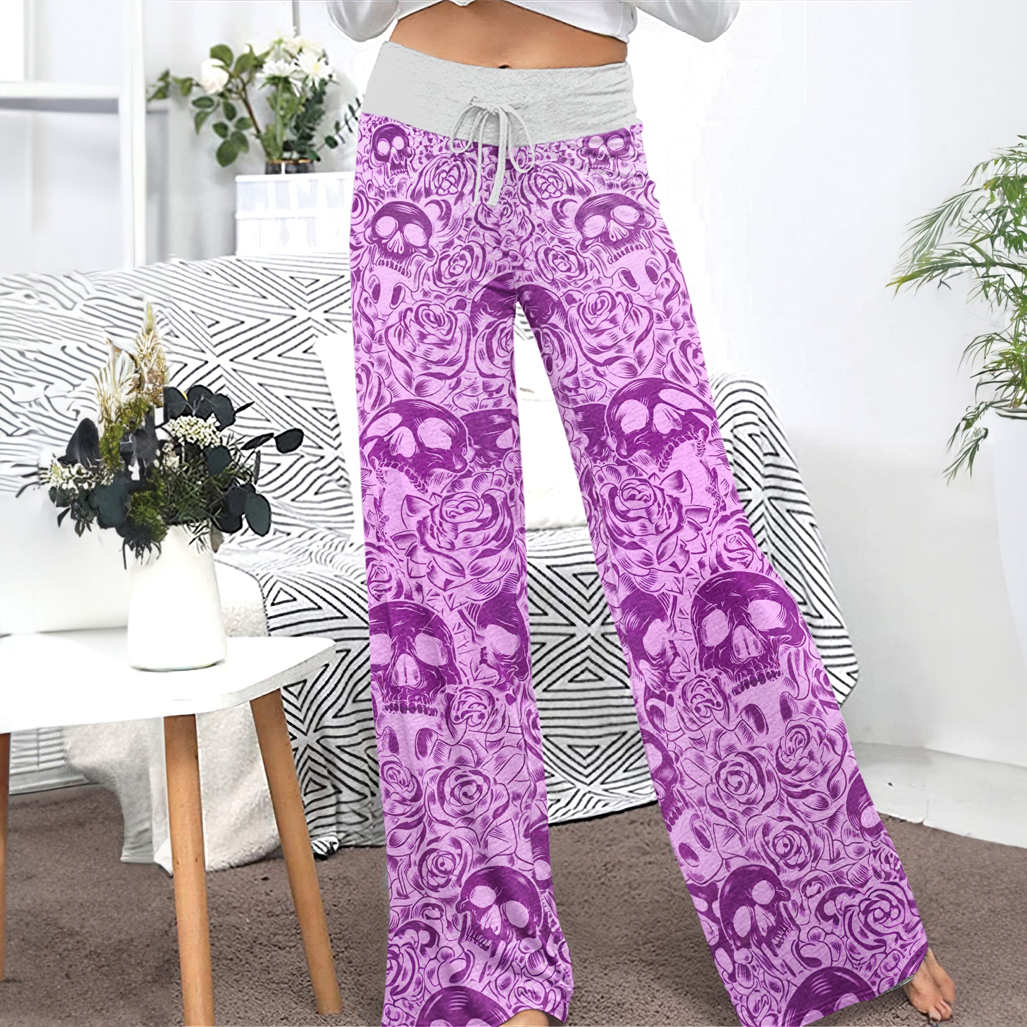 Purple Skull Pattern Gothic Women's High-waisted Wide Leg Pants