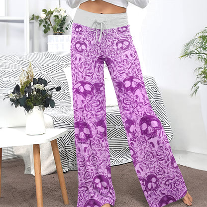 Purple Skull Pattern Gothic Women's High-waisted Wide Leg Pants
