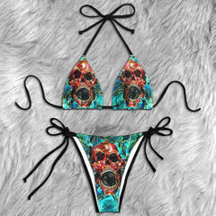 Cyan Abstract Skull Art Micro Triangle Bikini Swimsuit - Wonder Skull