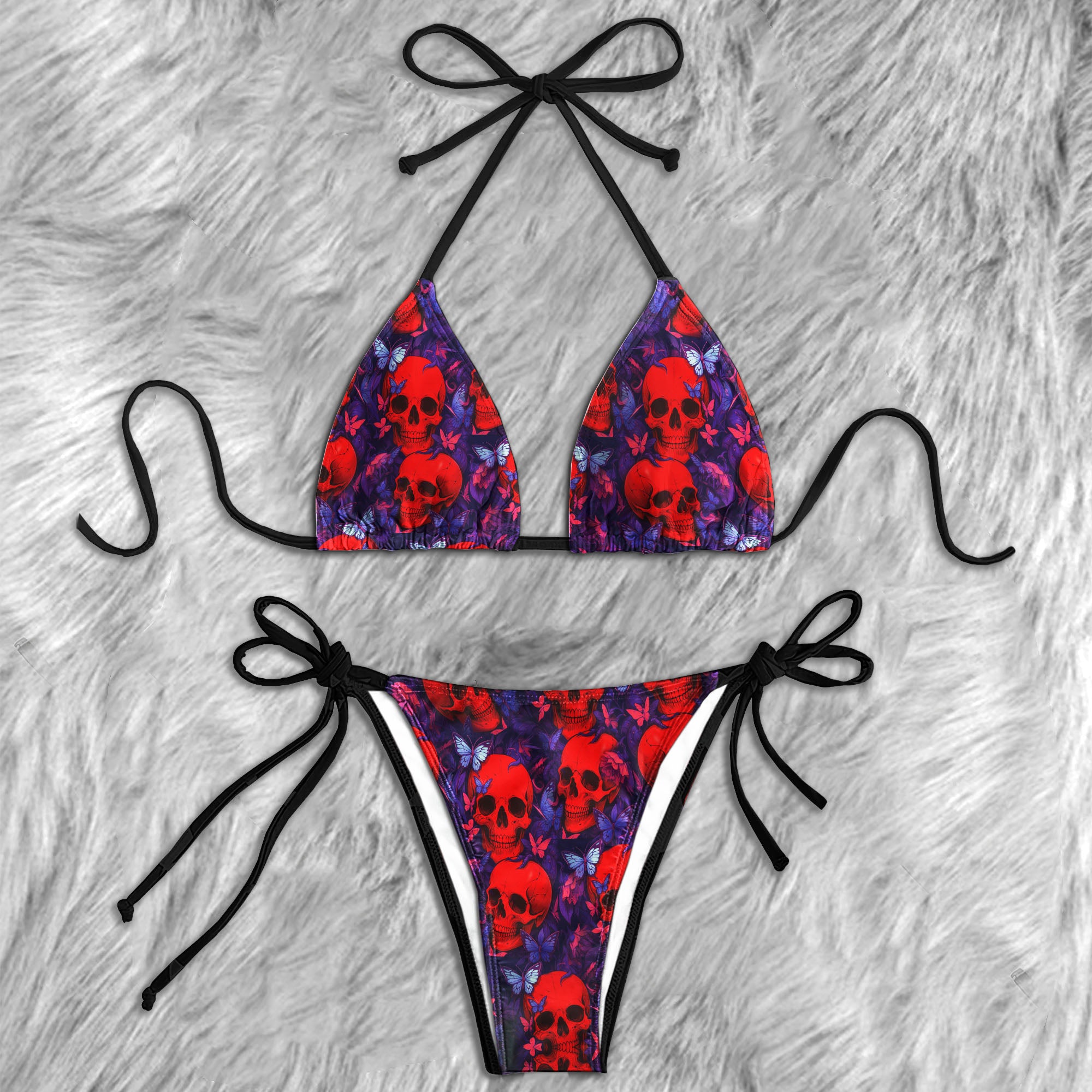 Crimson Skull Indigo Butterfly Micro Triangle Bikini Swimsuit