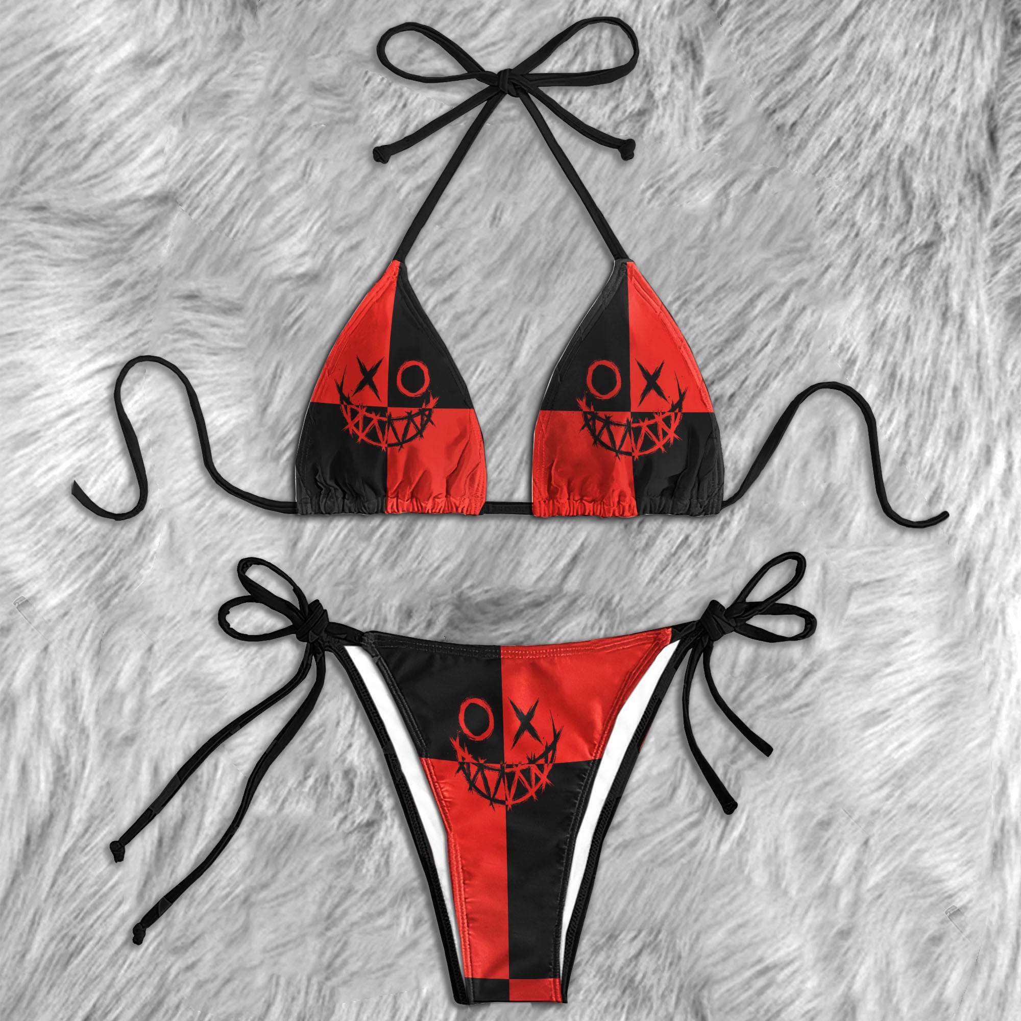 Grunge Smile Red Black Micro Triangle Bikini Swimsuit