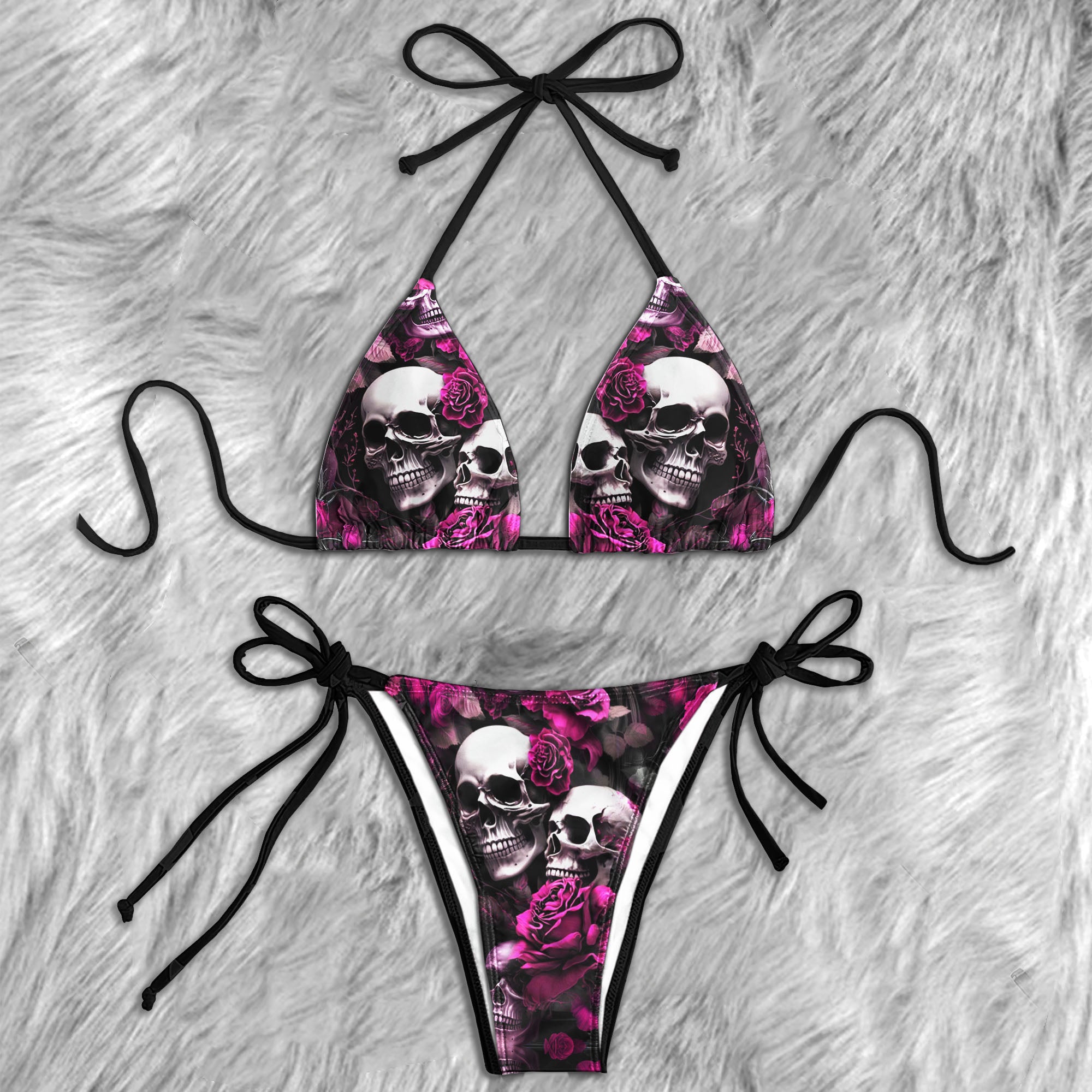 Pink Roses Eternal Skull Micro Triangle Bikini Swimsuit