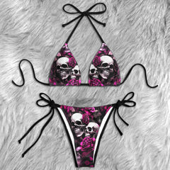 Pink Roses Eternal Skull Micro Triangle Bikini Swimsuit