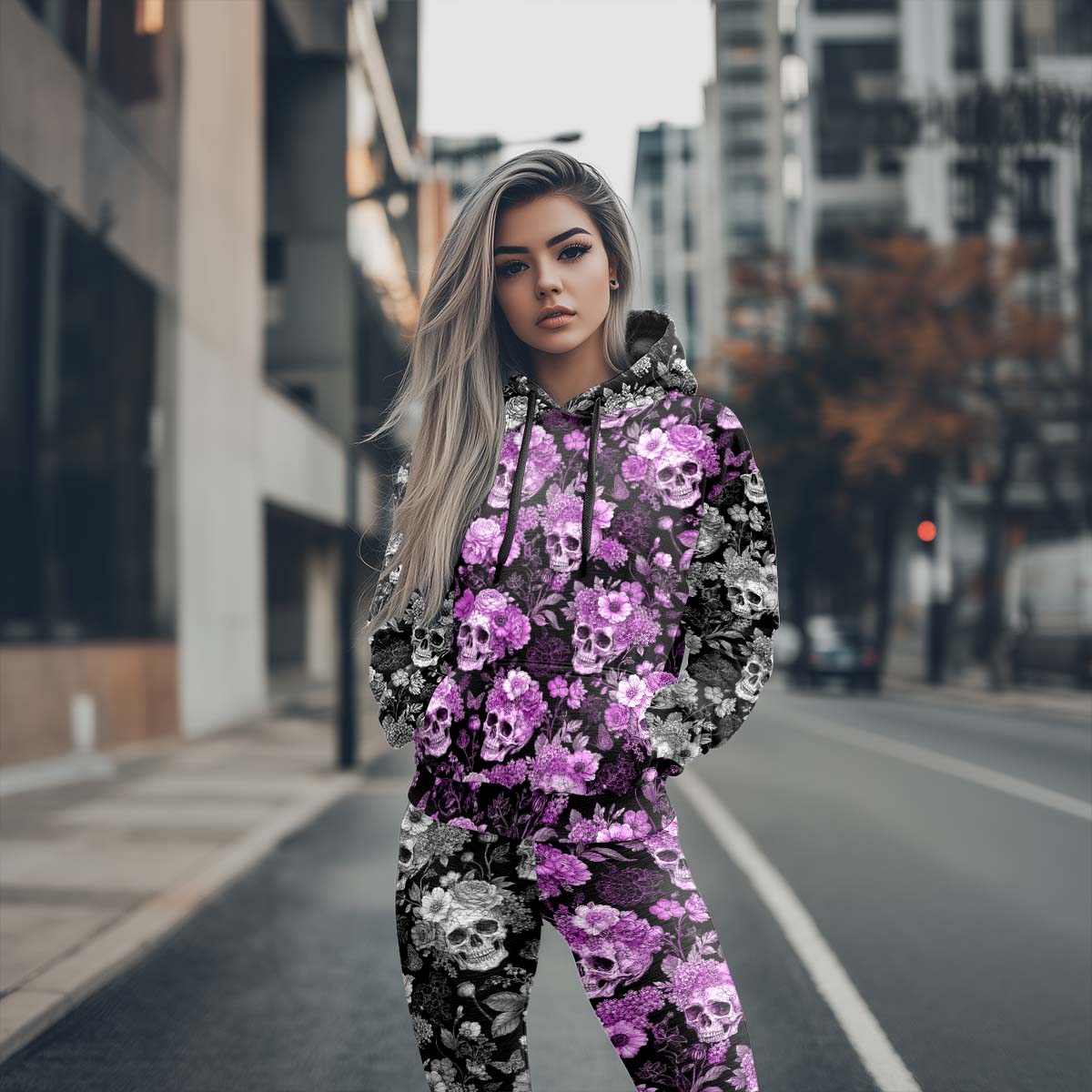 Women Hoodie and Leggings, Purple Floral Skull Pattern Outwear Pants Outfit