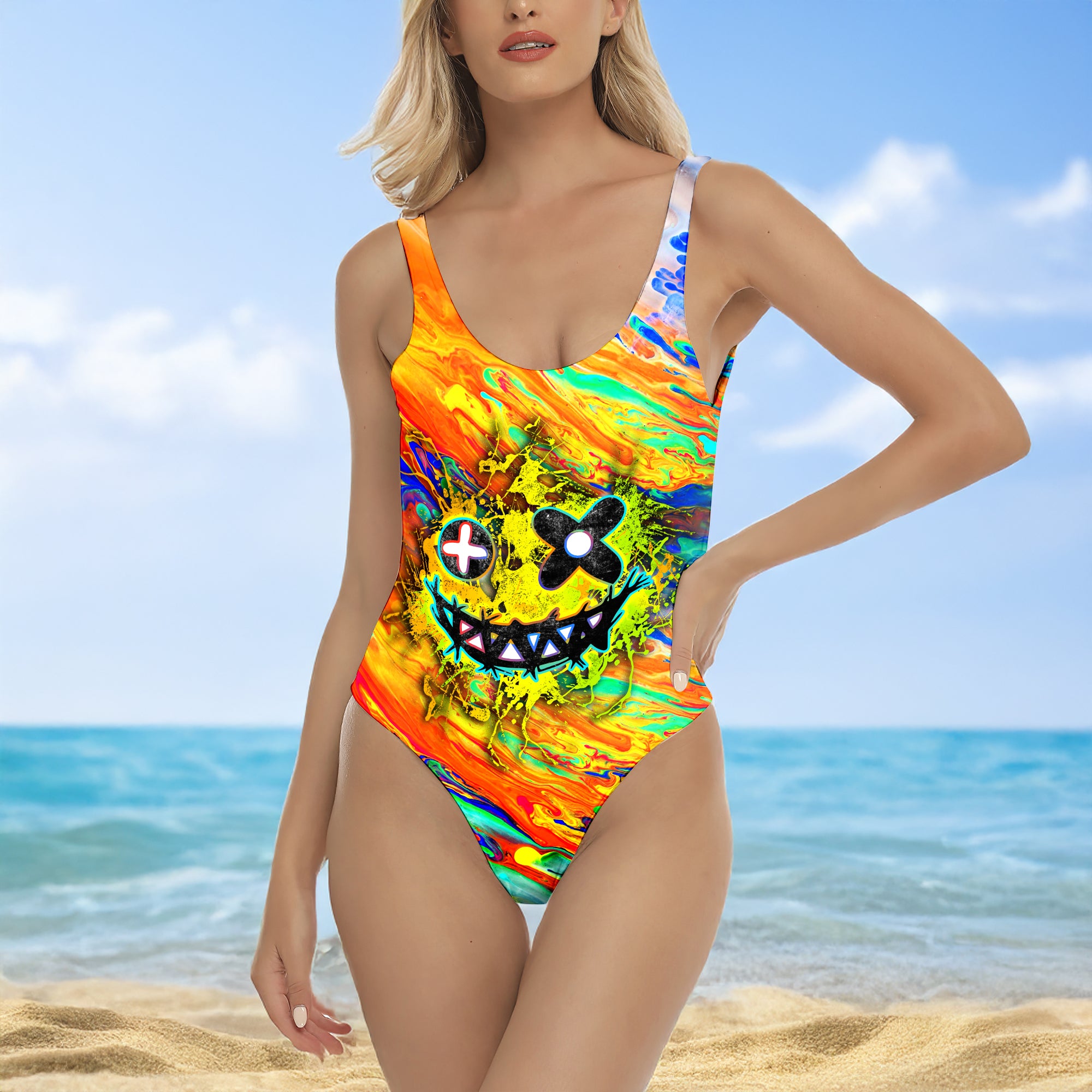One Piece Bikini Abstract Skull Smiley Splash Print Swimwear