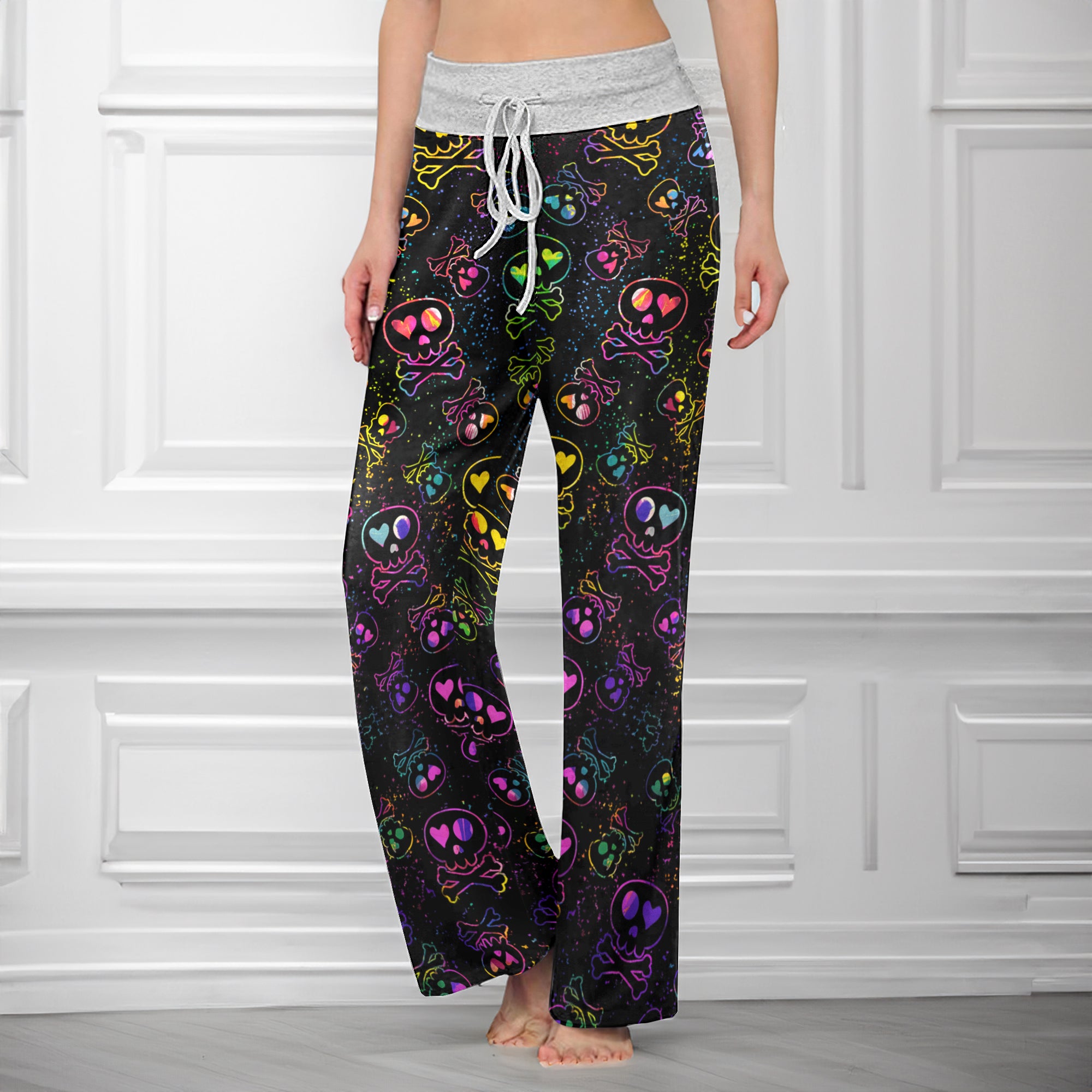 Rainbow Heart Skulls Women's High-waisted Wide Leg Pants