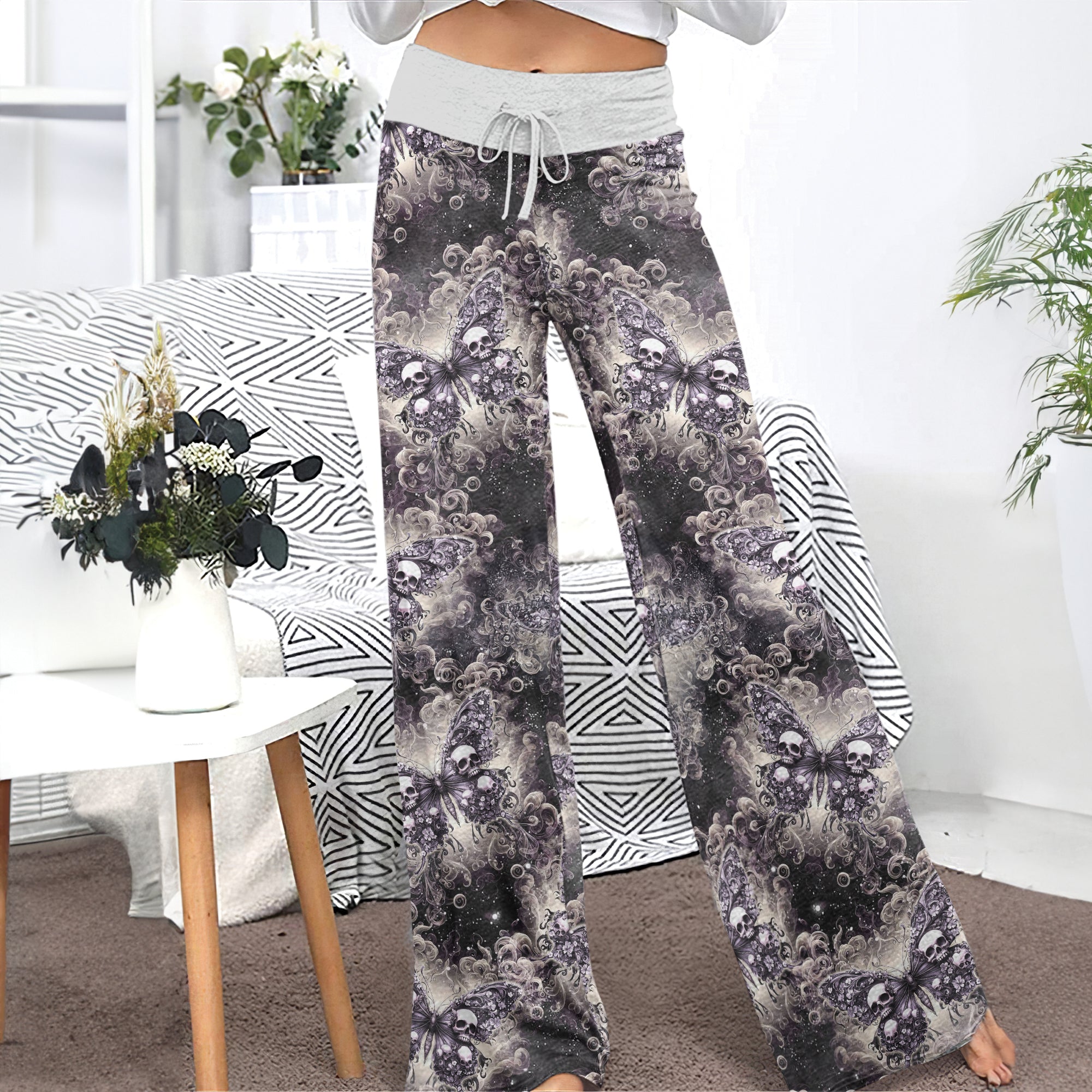 Galaxy Buterfly Skull Pattern Women's High-waisted Wide Leg Pants