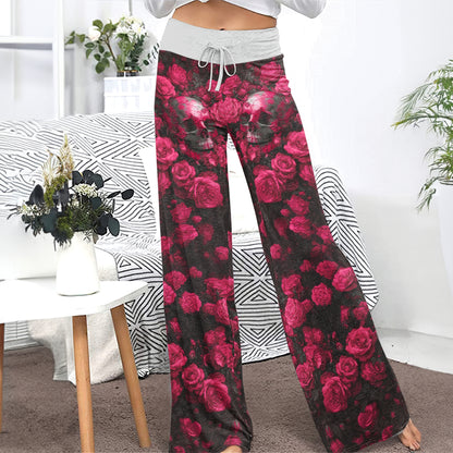Pink Skull Rose Artwork Women's High-waisted Wide Leg Pants