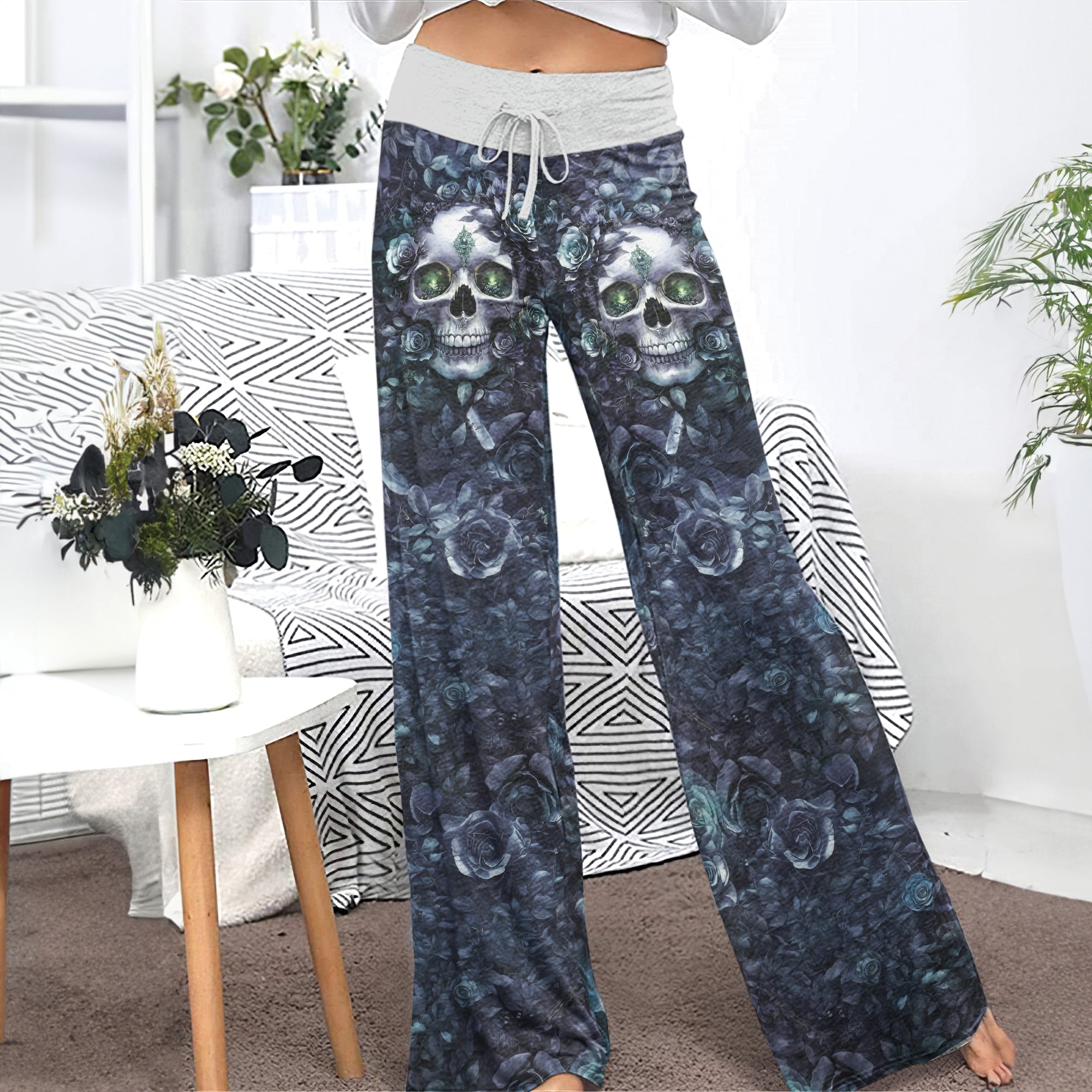 Dark Skull Rose Art Women's High-waisted Wide Leg Pants