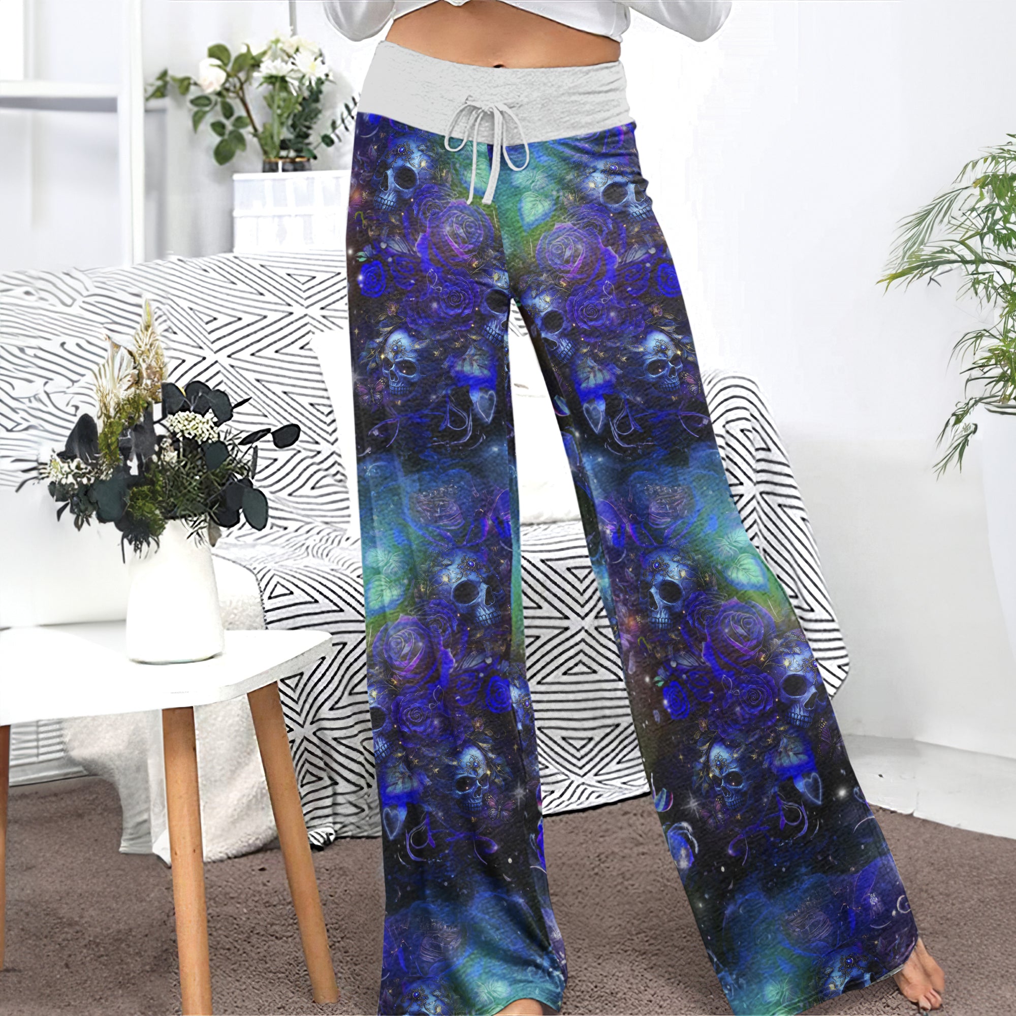 Purple Galaxy Skull Women's High-waisted Wide Leg Pants