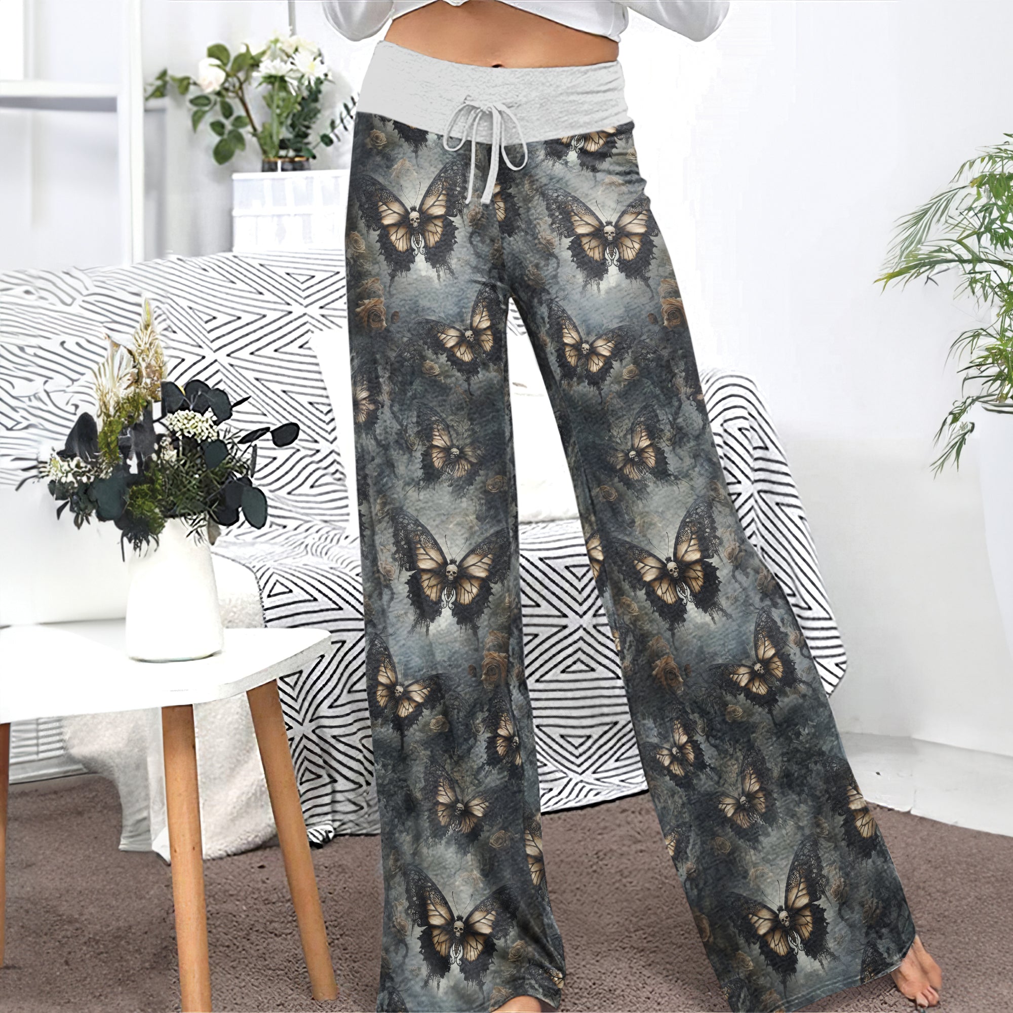 Tan Buterfly Skull Art Women's High-waisted Wide Leg Pants