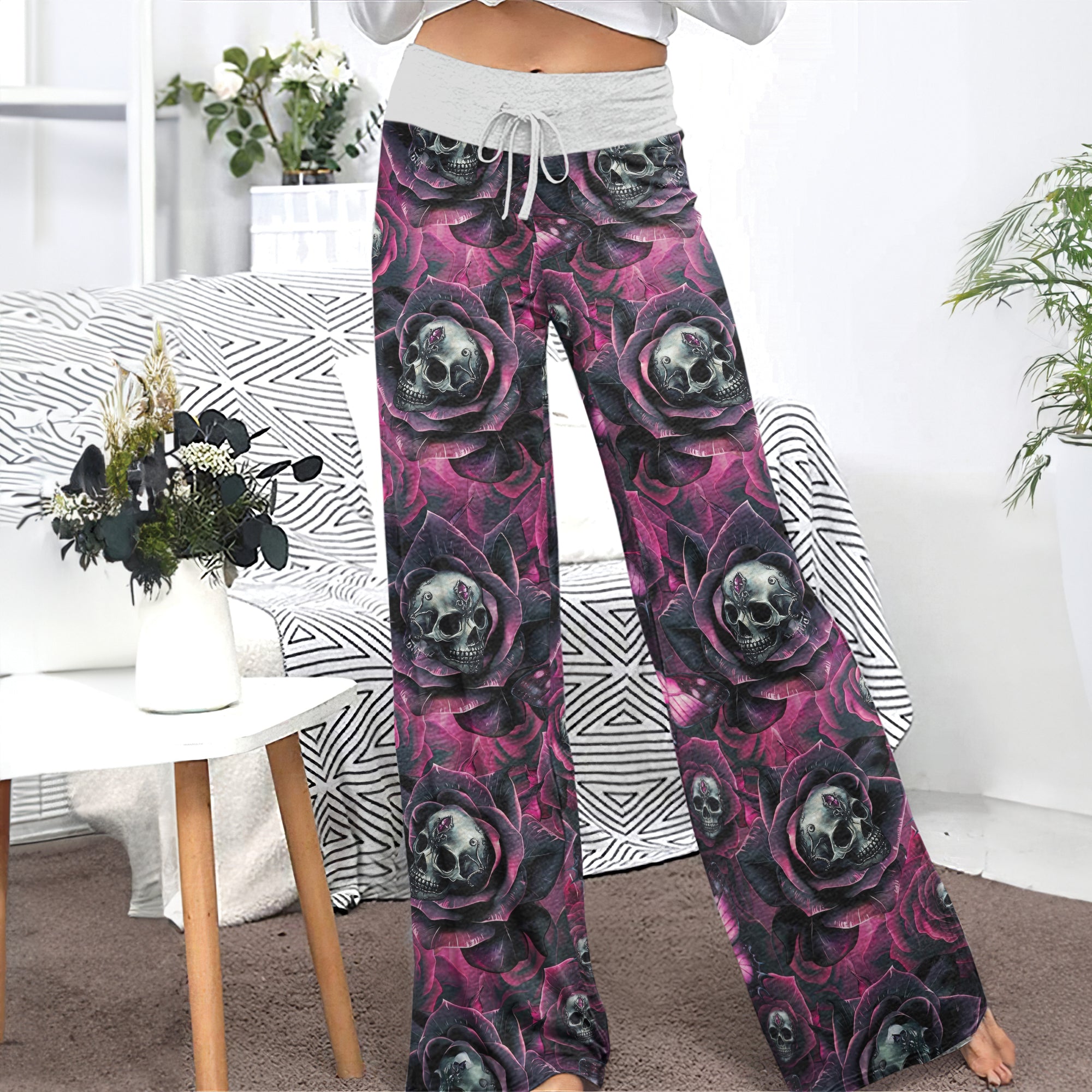 Skull Rose Abstract Pattern Women's High-waisted Wide Leg Pants