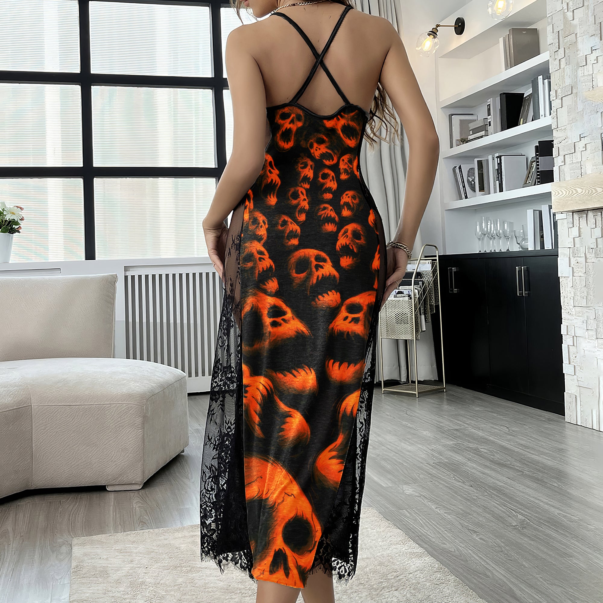 Neon Fire Horror Skull Lace Cami Sleepwear