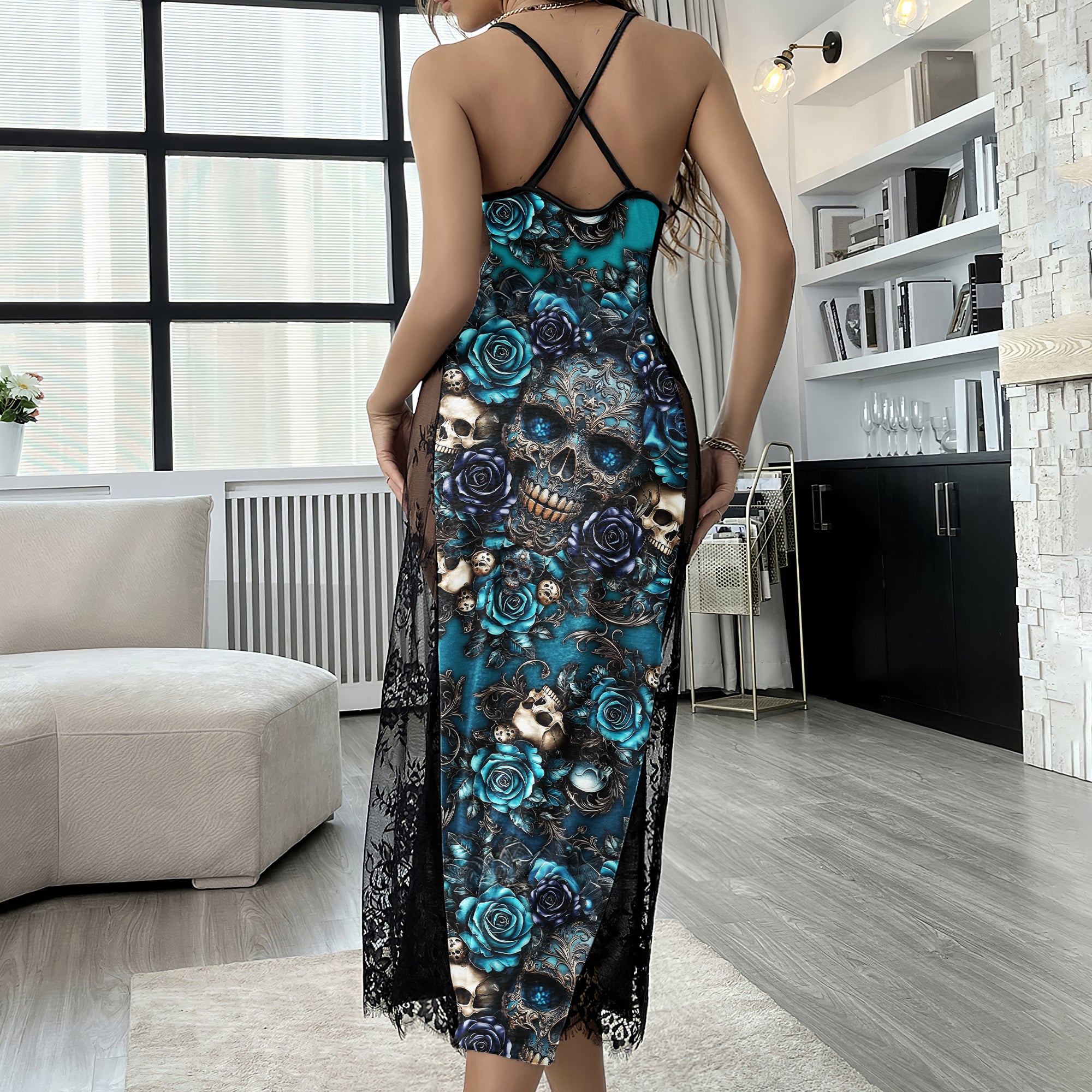 Dark Blue Skull Gothic Women's Lace Cami Sleepwear