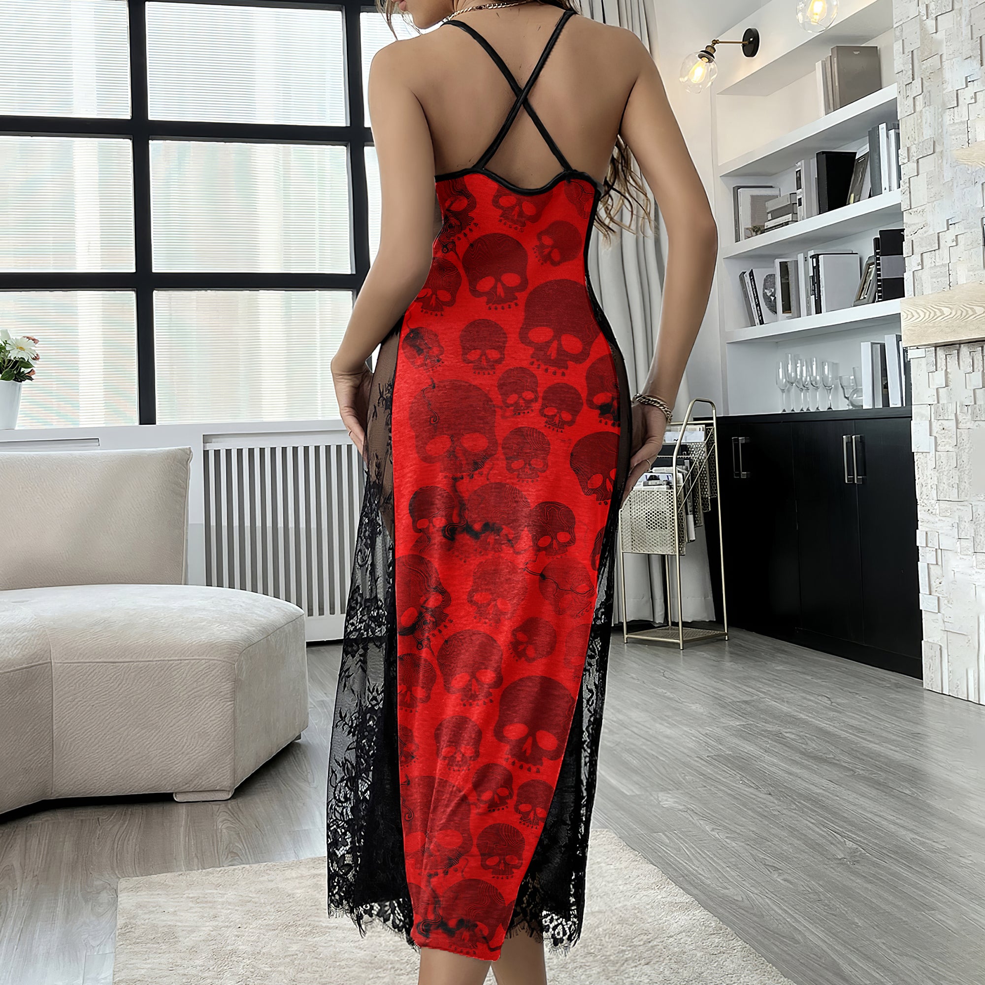 Red Couple Skeleton Art Lace Cami Sleepwear