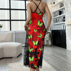 Red Puzzle Skeleton Butterfly Lace Cami Sleepwear