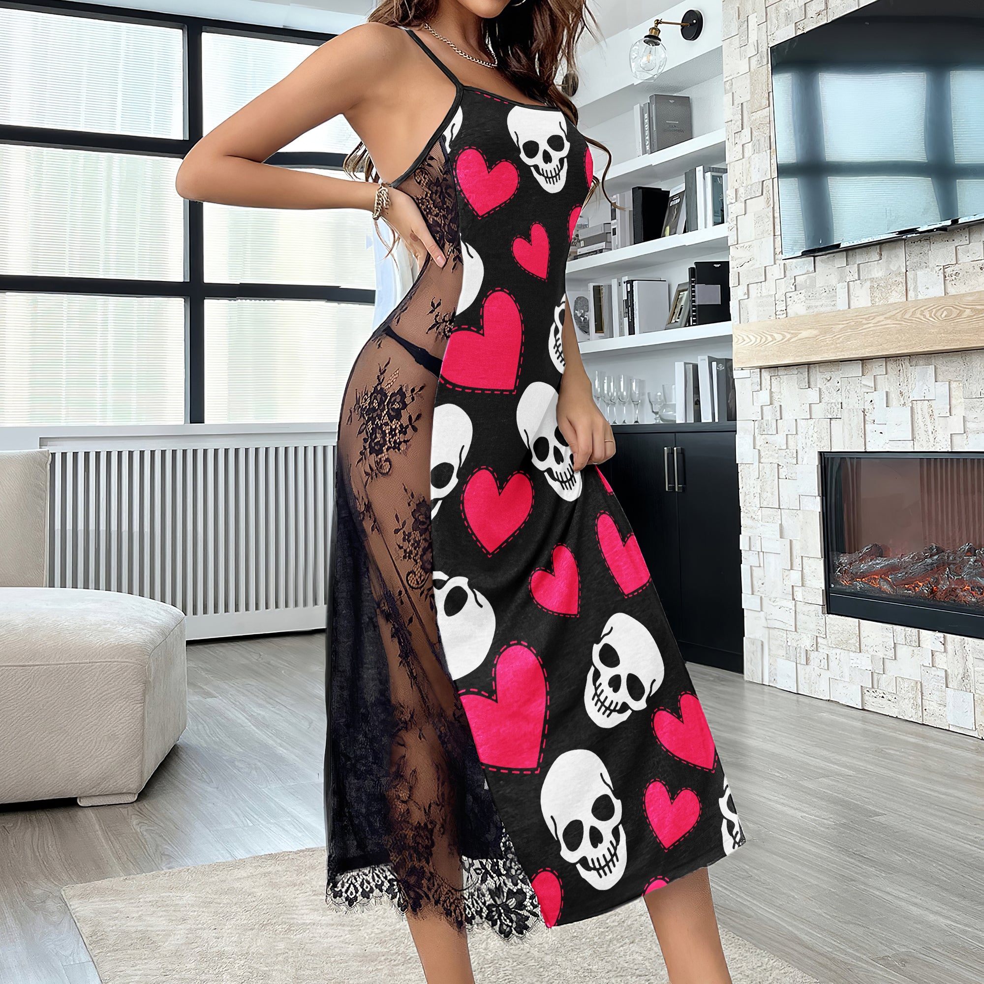 Skull Heart Pink Pattern Women's Lace Cami Sleepwear