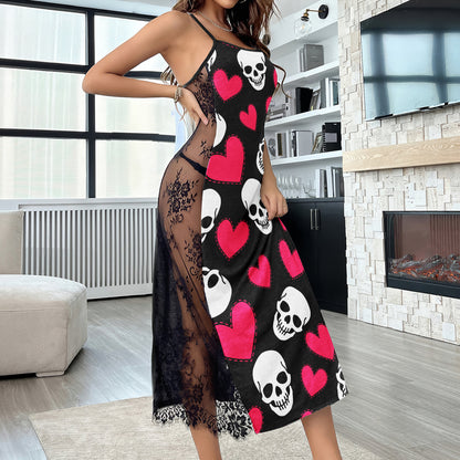 Skull Heart Pink Pattern Women's Lace Cami Sleepwear