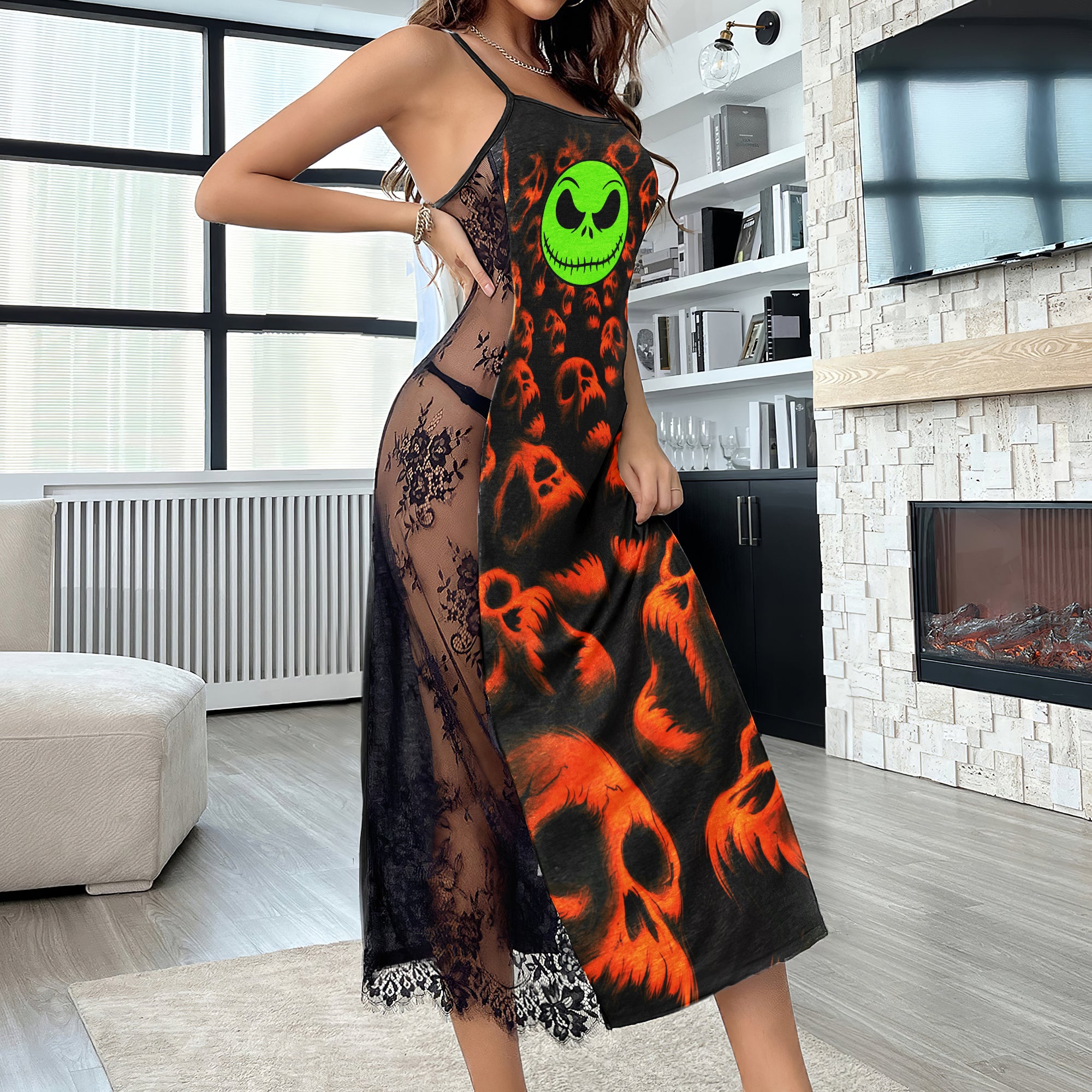 Neon Fire Horror Skull Lace Cami Sleepwear
