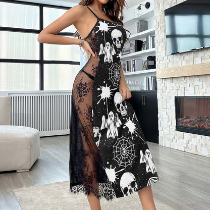 Black & White Skull Pattern Women's Lace Cami Sleepwear