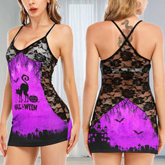 Purple Halloween Black Cat Women's Black Lace Babydolls Nightgowns | Women Sleepwear Babydoll, Nightgowns