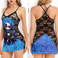 Midnight Skull Leaf Women's Black Lace Cami Dress Babydolls Nightgowns