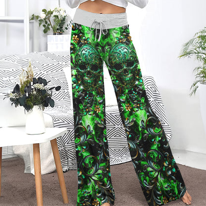 Green Filigree Skull Art Women's High-waisted Wide Leg Pants | Wonder Skull