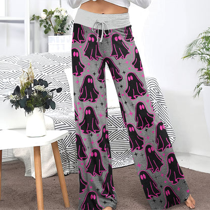 Pink Boo Pattern Women's High-waisted Wide Leg Pants | Wonder Skull
