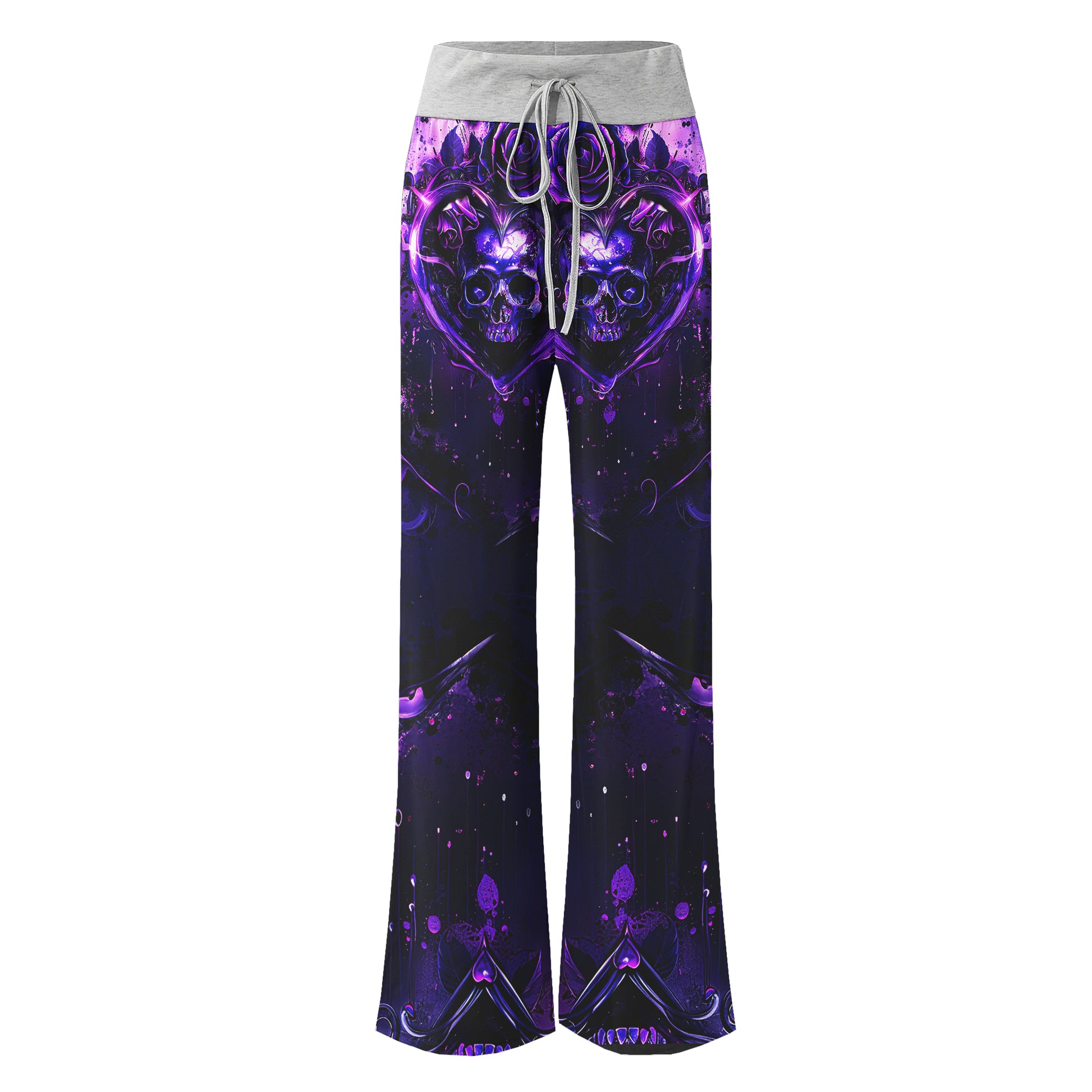 Purple Skull Flower Gothic Women's High-waisted Wide Leg Pants | Wonder Skull