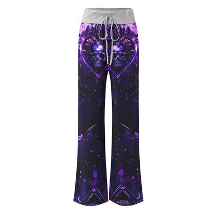 Purple Skull Flower Gothic Women's High-waisted Wide Leg Pants | Wonder Skull