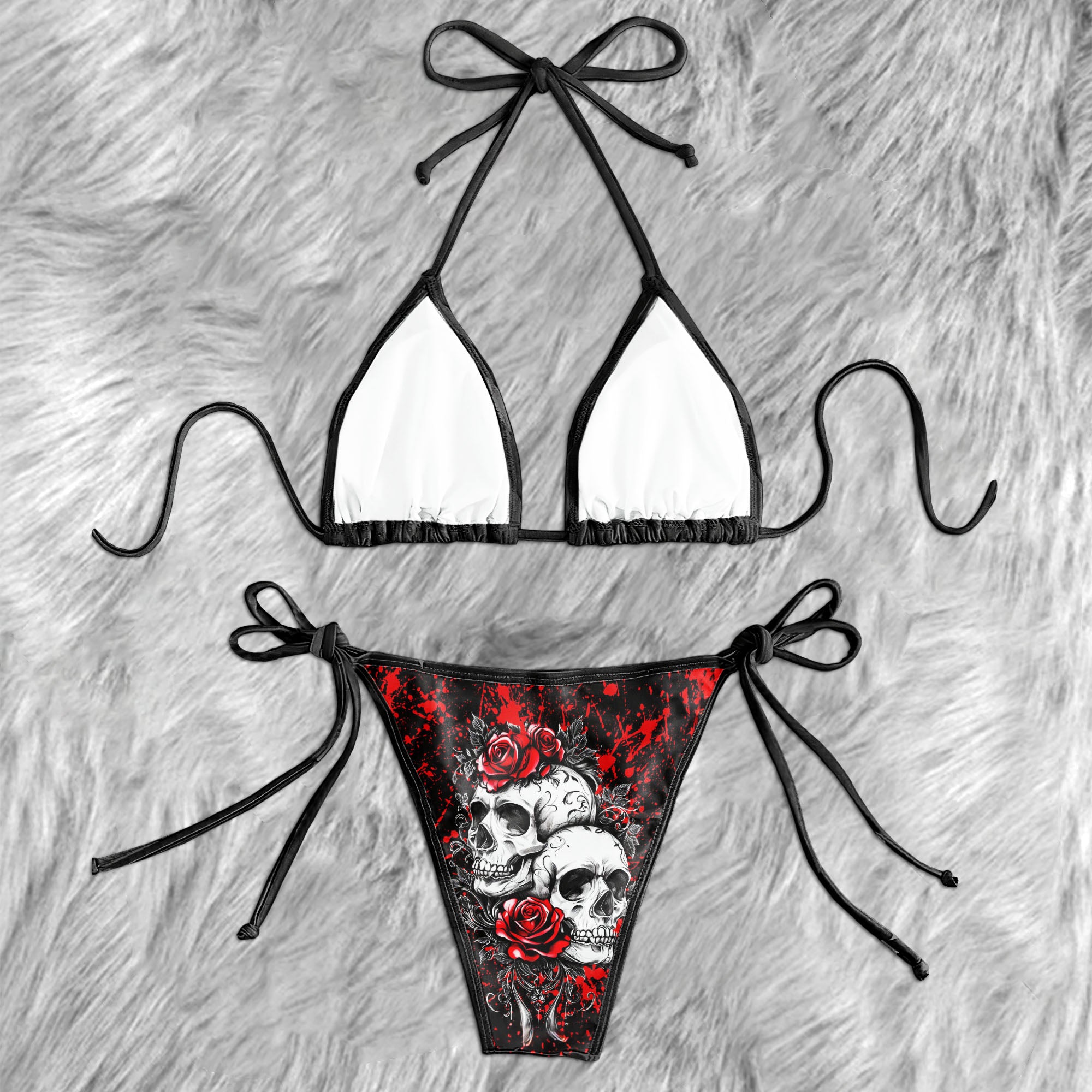 Red Skulls Floral Rose Micro Triangle Bikini Swimsuit