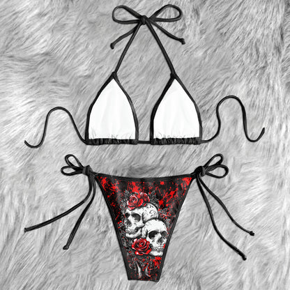 Red Skulls Floral Rose Micro Triangle Bikini Swimsuit