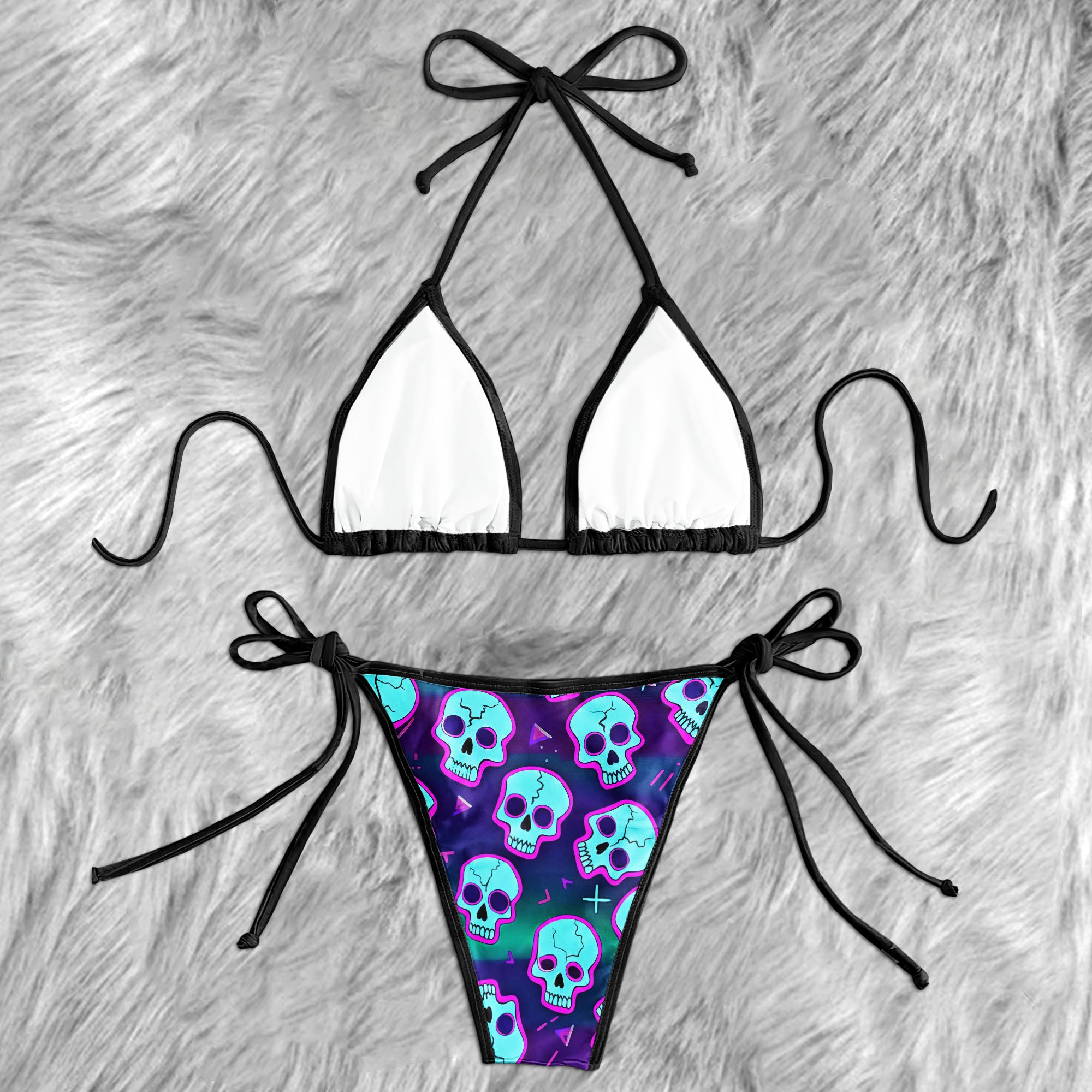 Cyan Magenta Art Skull Micro Triangle Bikini Swimsuit