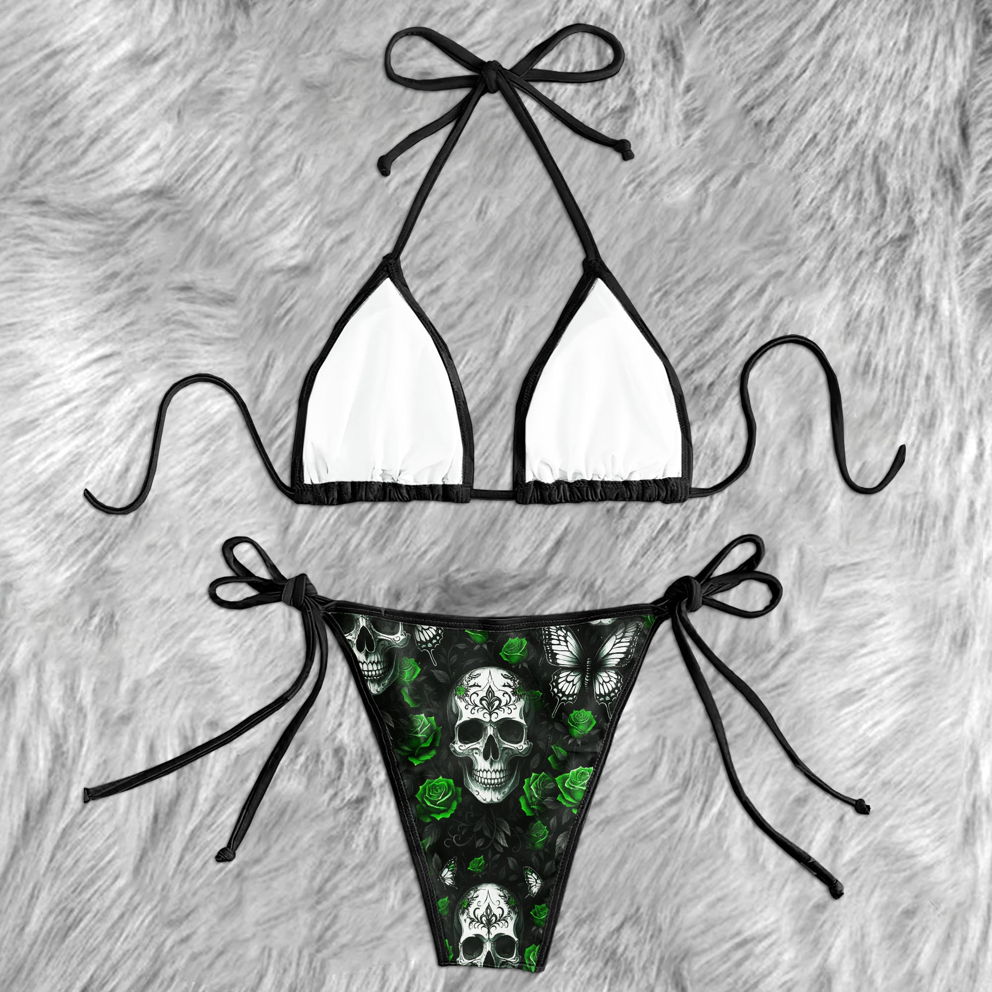 Green Neon Rose Skull Micro Triangle Bikini Swimsuit