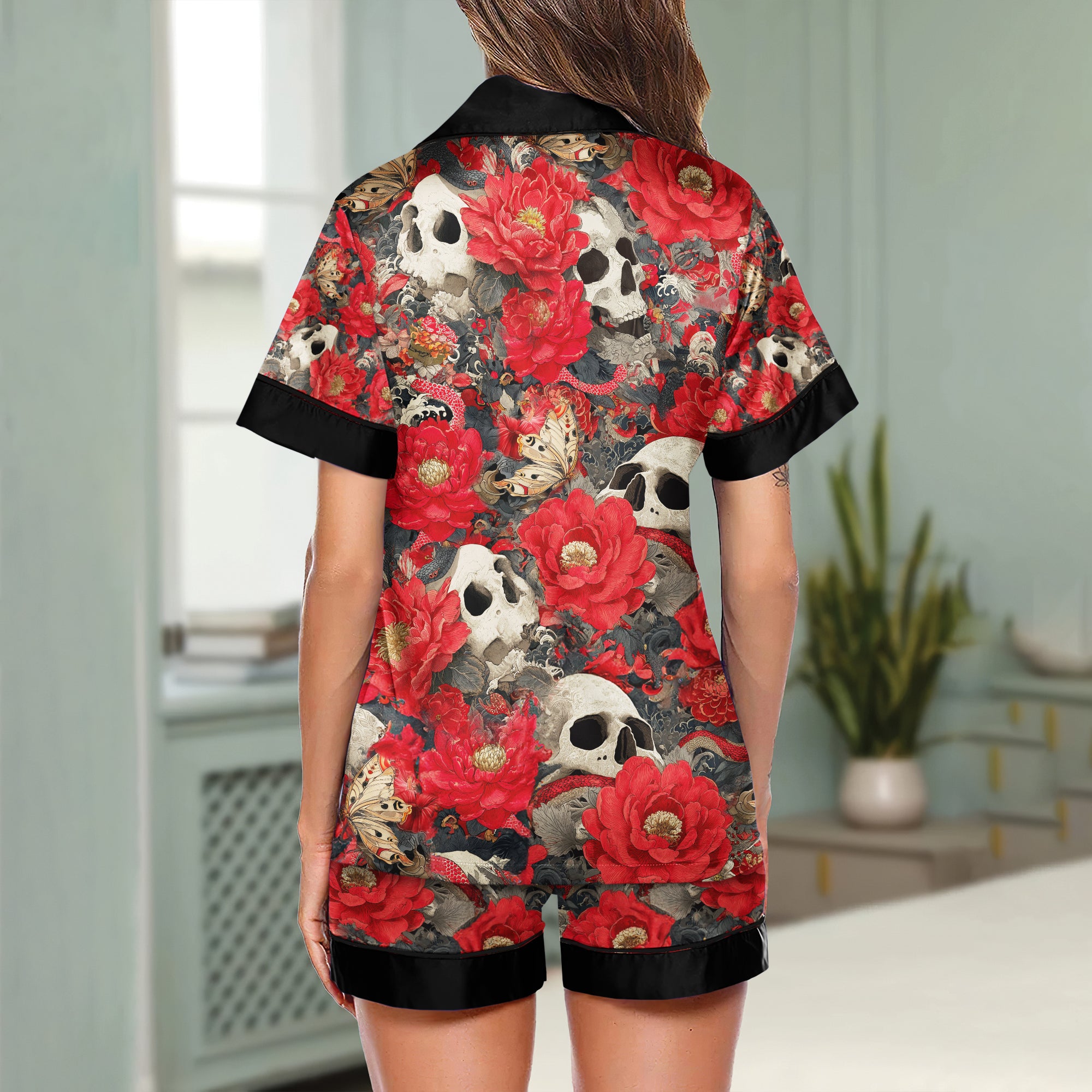 Red Skull Cherry Blossom Women's Pajama Sets Top Sleeve & Short Bottom