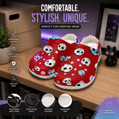 Wonder Skull Lightweight Clog Sandals are designed for all-day comfort. Featuring breathable ventilation holes, a cushioned footbed, and a pivoting heel strap, these versatile unisex clogs are perfect for use at home, outdoors, or at work — whatever your profession may be.