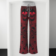 Dark Red Skull Pattern Women's High-waisted Wide Leg Pants