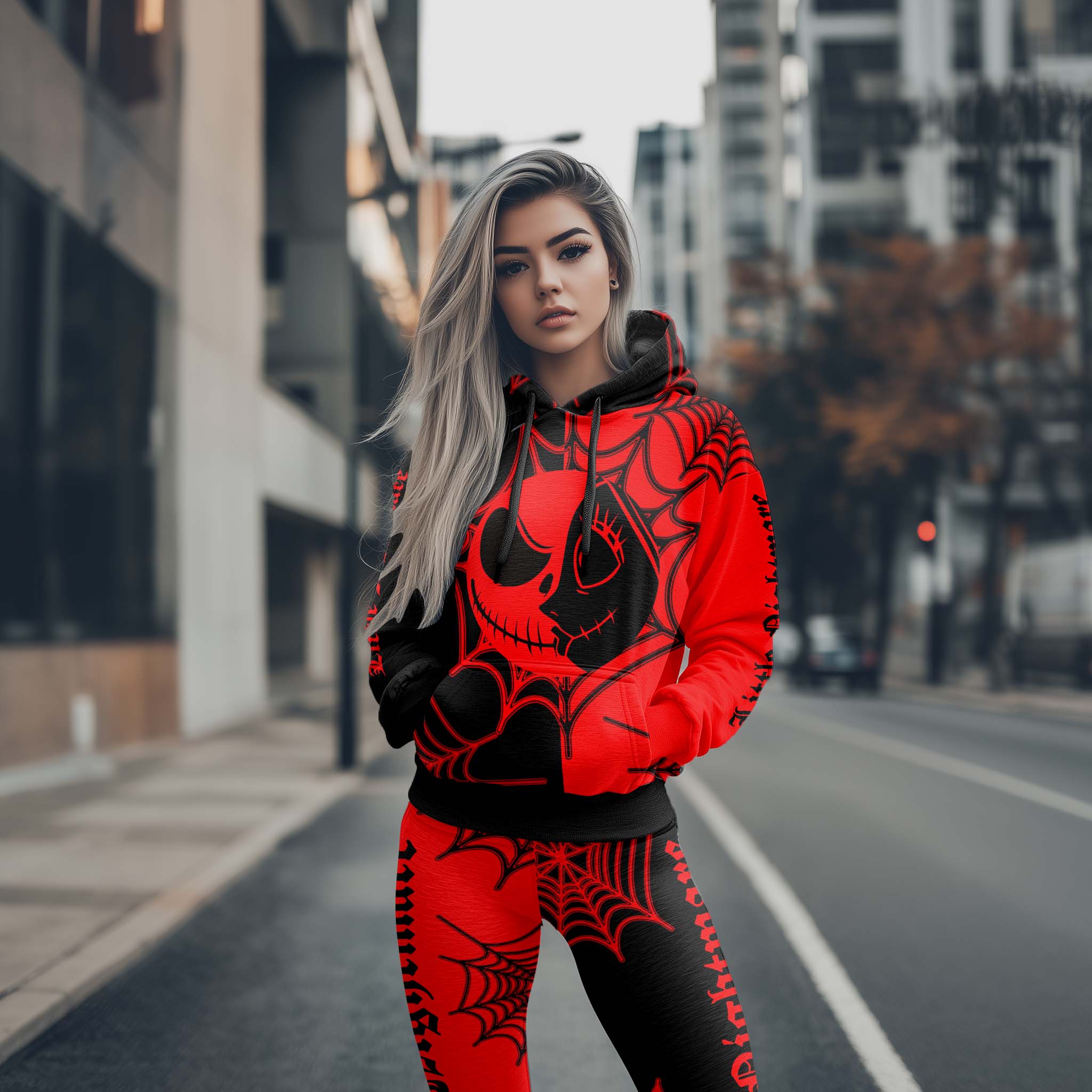 Women Hoodie and Leggings, Gothic Couples Spiderweb Art Outwear Pants Outfit