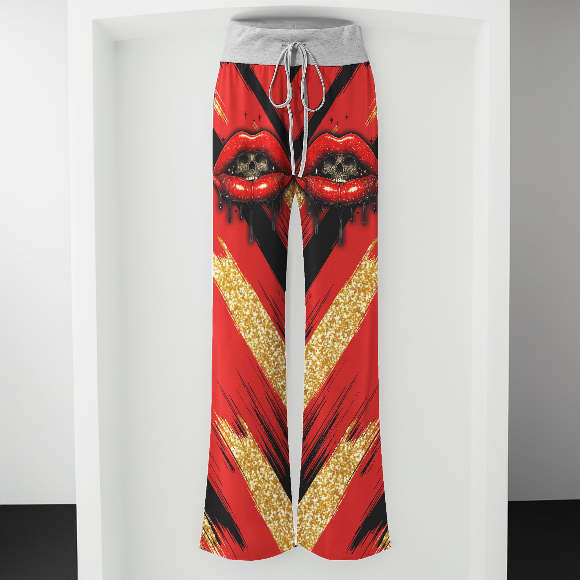 Red Skull Lip Glitter Women's High-waisted Wide Leg Pants