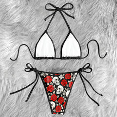 Vintage Skull Red Rose Micro Triangle Bikini Swimsuit
