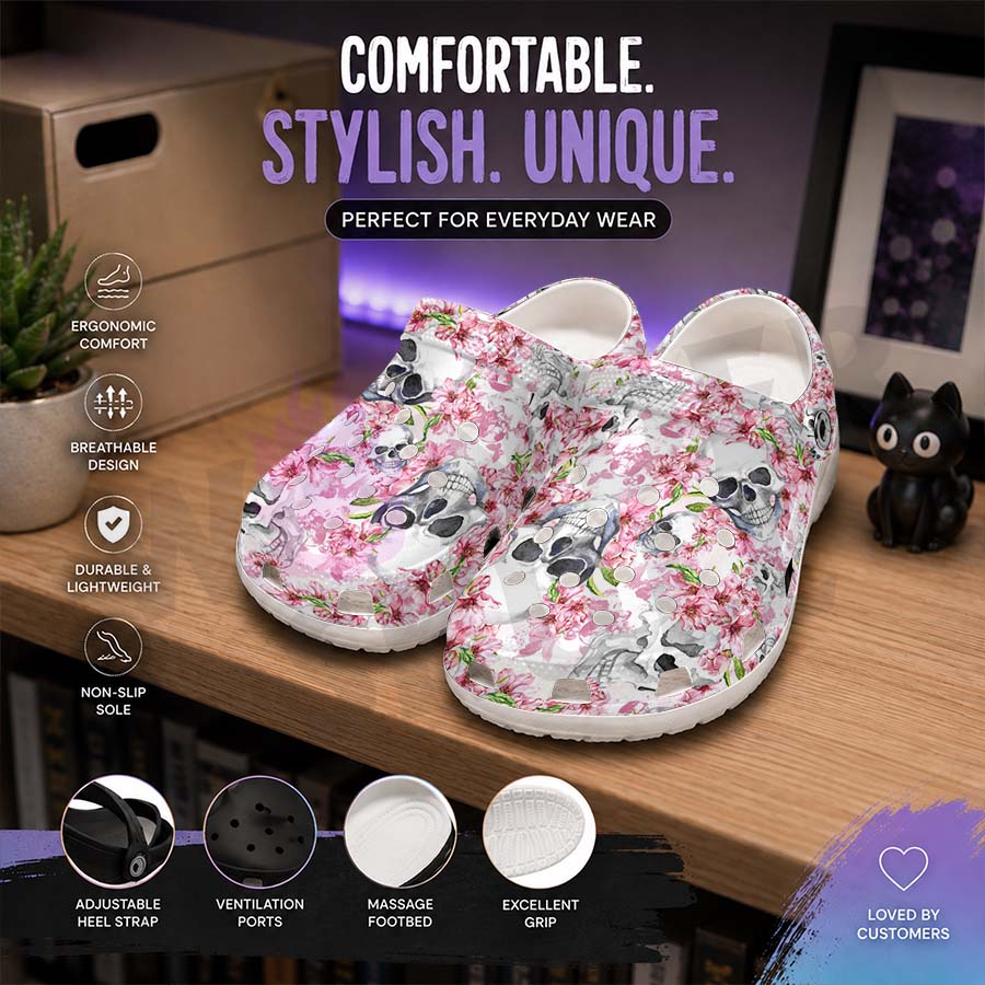 Wonder Skull Lightweight Clog Sandals are designed for all-day comfort. Featuring breathable ventilation holes, a cushioned footbed, and a pivoting heel strap, these versatile unisex clogs are perfect for use at home, outdoors, or at work — whatever your profession may be.