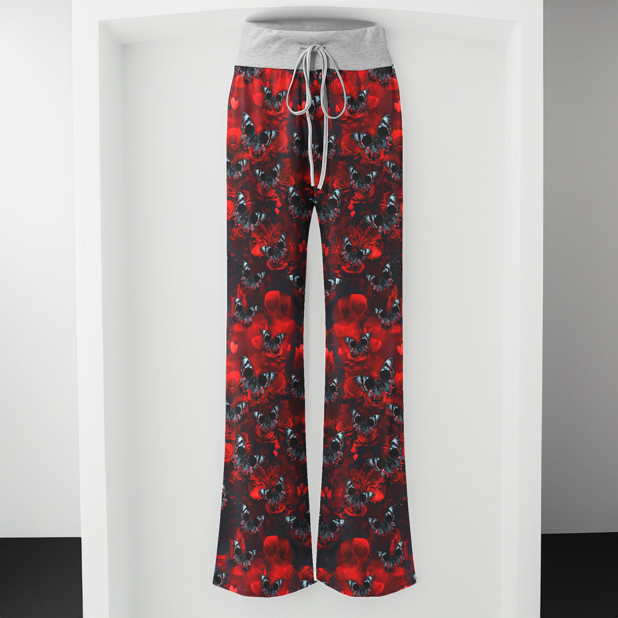Red Butterfly Skull Pattern Women's High-waisted Wide Leg Pants