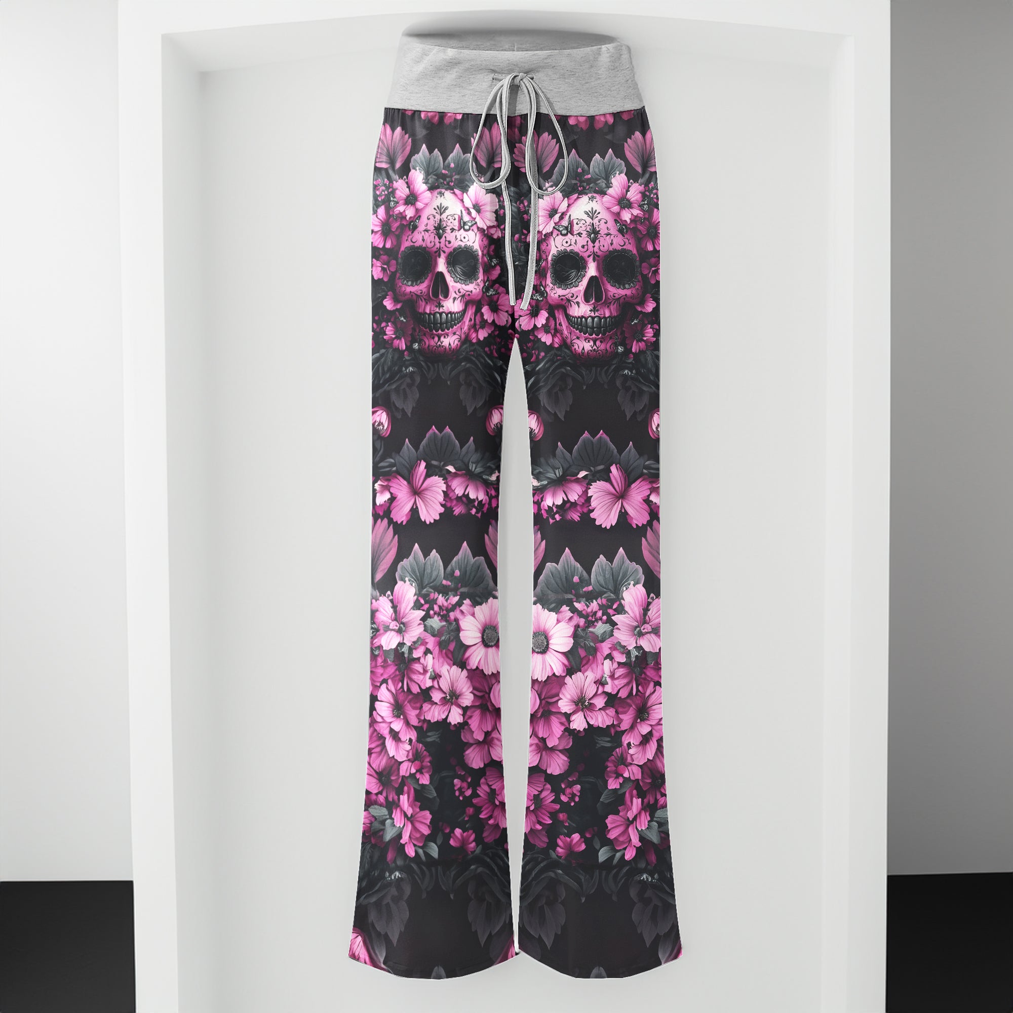 Pink Skull Flower Women's High-waisted Wide Leg Pants