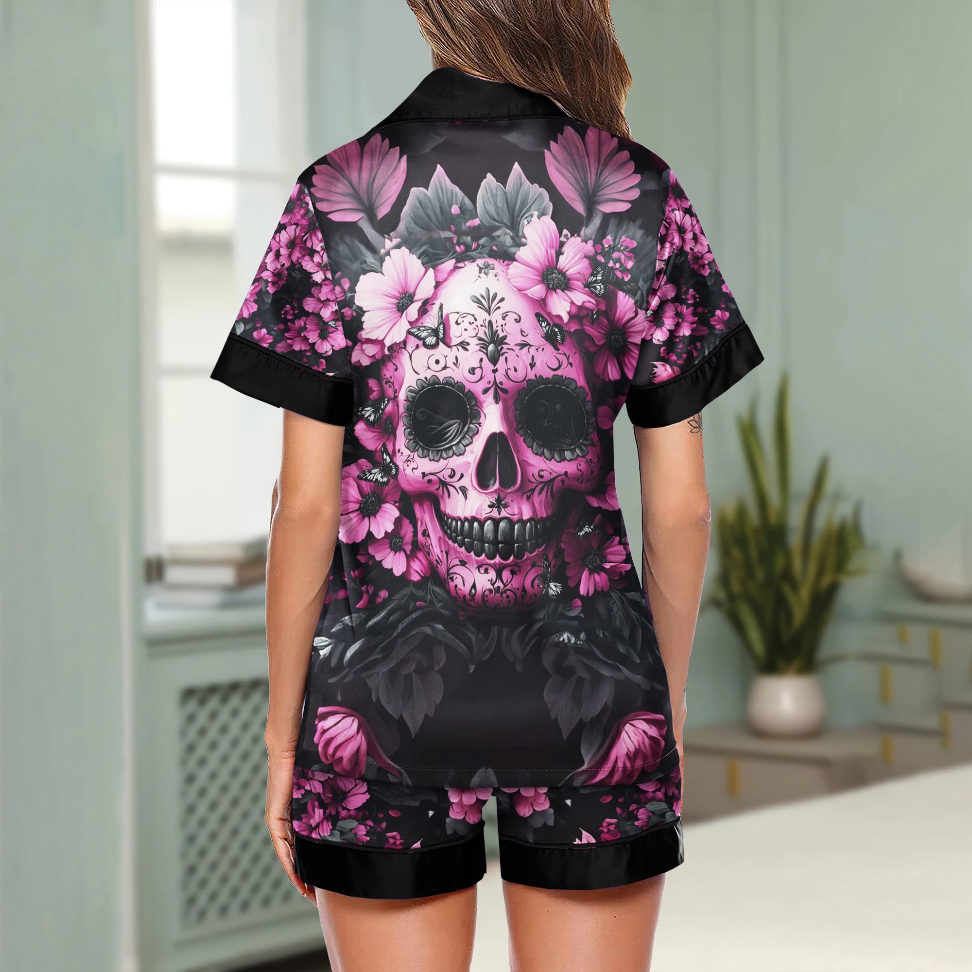 Pink Skull Flower Women's Pajama Sets Top Sleeve & Short Bottom